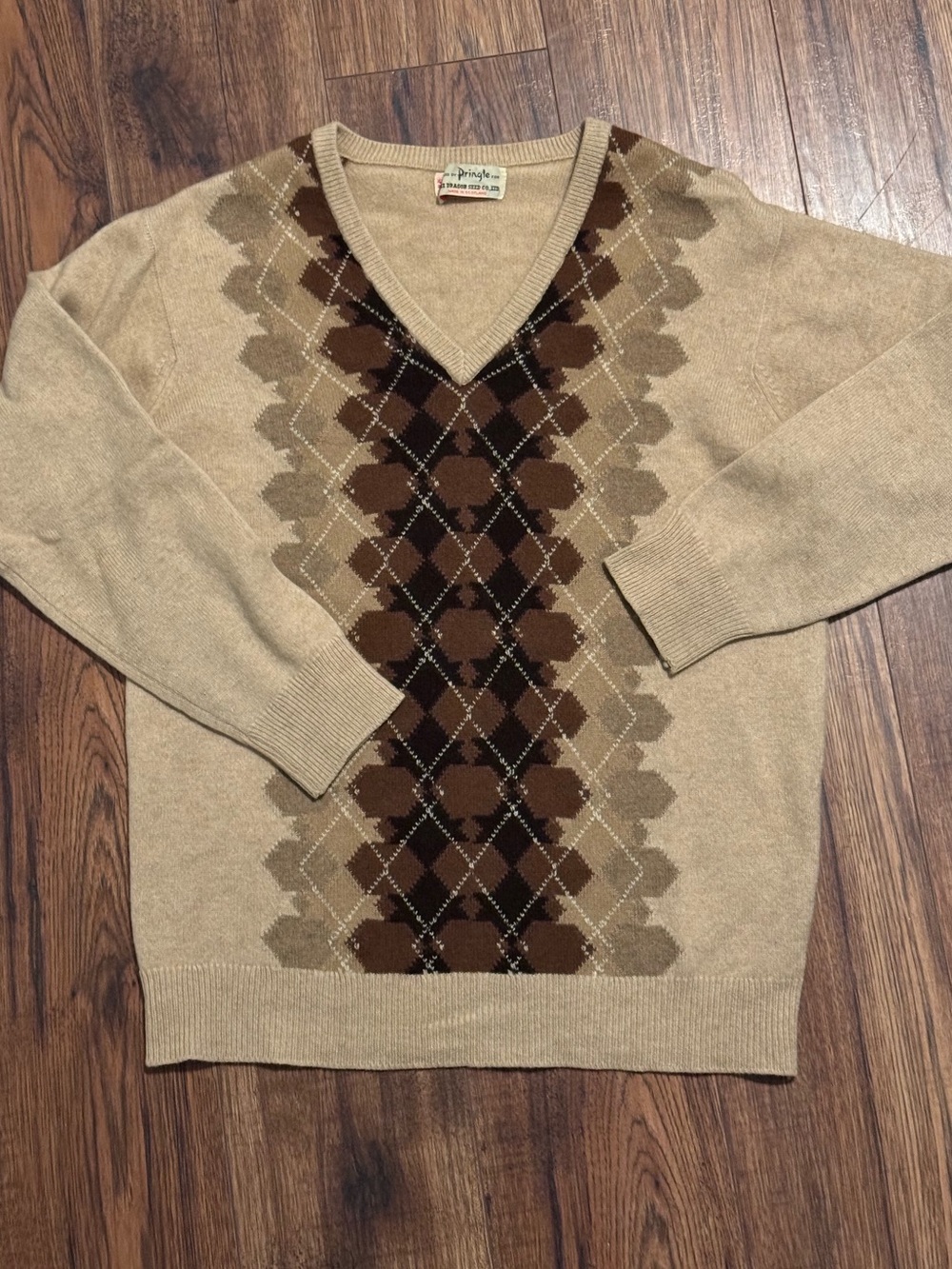 VTG Pringle of Scotland 100% Cashmere Argyle V-Neck Sweater 38" Beige